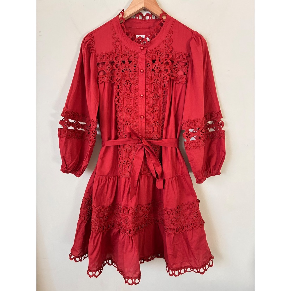 Cato Collection Limited Edition Boho Red Eyelet Lace Crochet Mini Dress Womens M